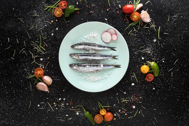 Free photo top view of plate with fish and garnishes