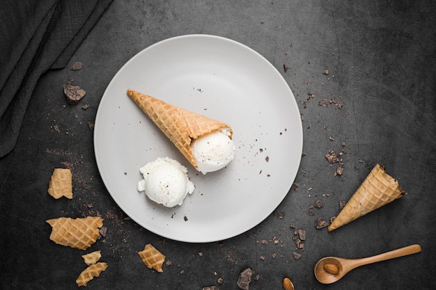 Top view plate with ice cream on cones