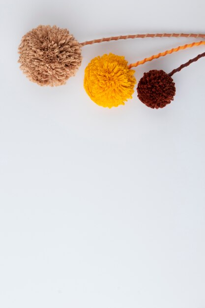 Top view pom poms arrangement with copy space