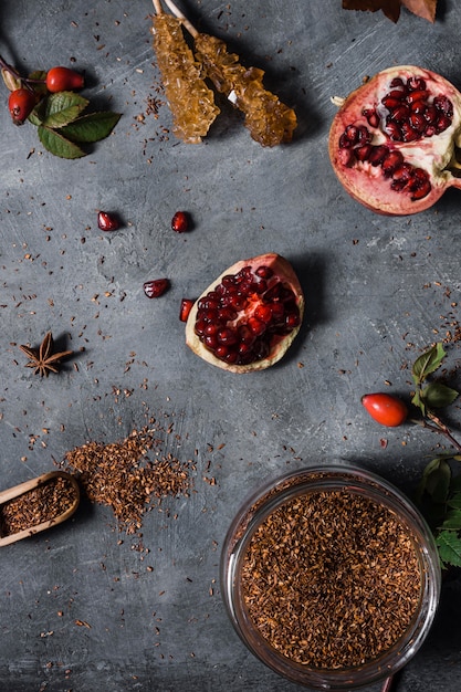 Free Photo top view pomegranate with crystallized sugar