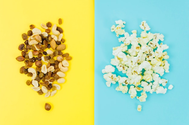 Top view pop corn vs nuts