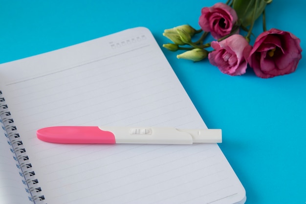 Top view positive pregnancy test and flowers