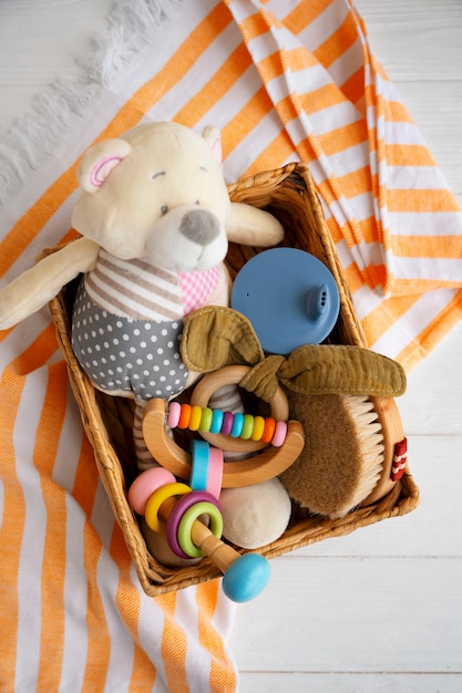 Top view postpartum  basket still life