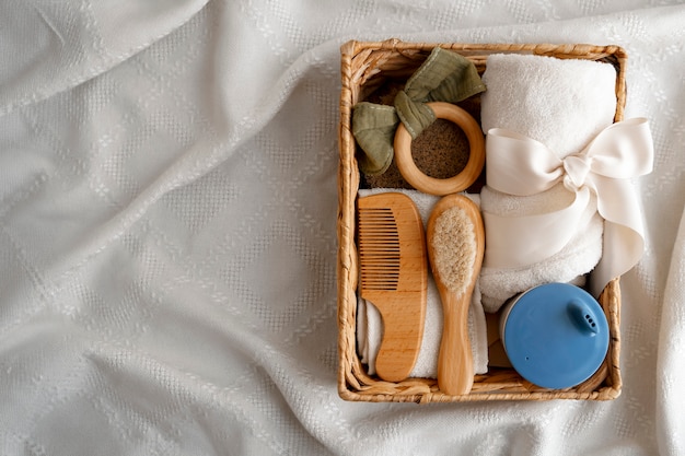 Free photo top view postpartum  basket still life