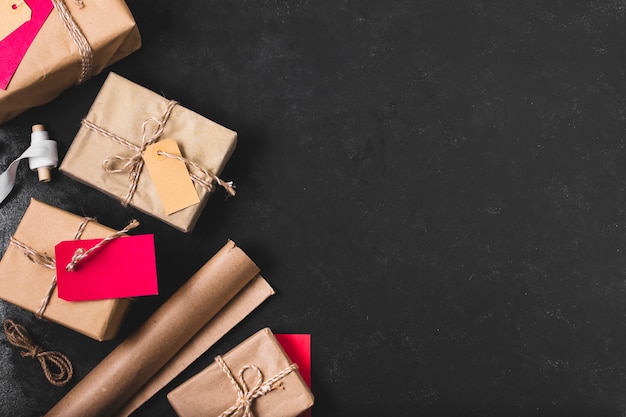 Top view of presents with wrapping paper