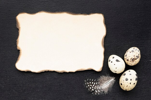 Top view quail eggs with paper piece