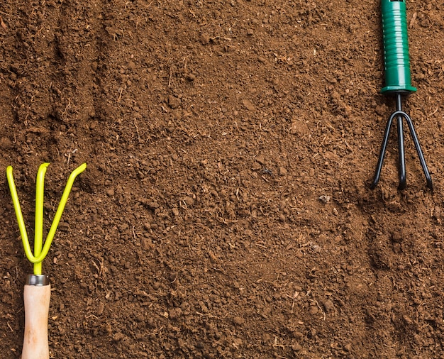 Top view of rakes on the ground