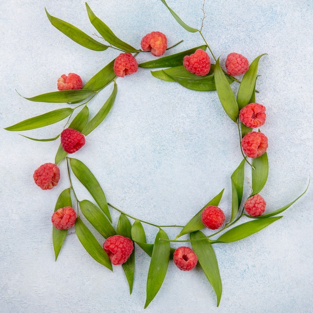 Free Photo top view of raspberries and leaves set in round shape on white surface