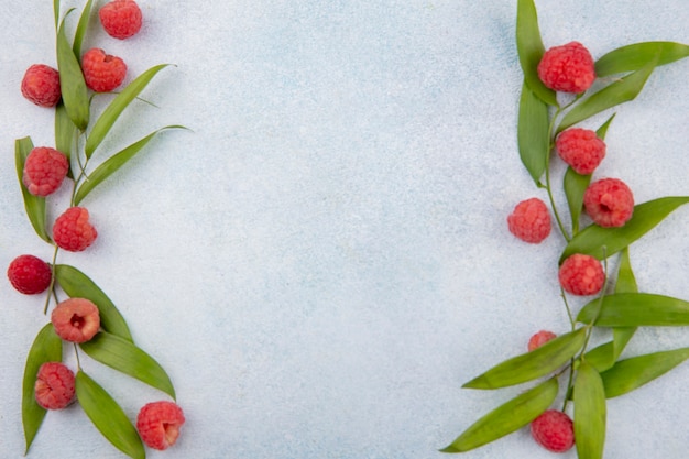 Free Photo top view of raspberries and leaves on sides on white surface