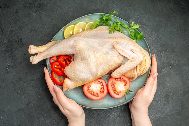 Top view raw fresh chicken inside plate with greens and vegetables on a dark background