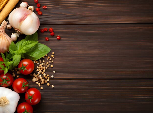 Top view raw pasta and tomatoes