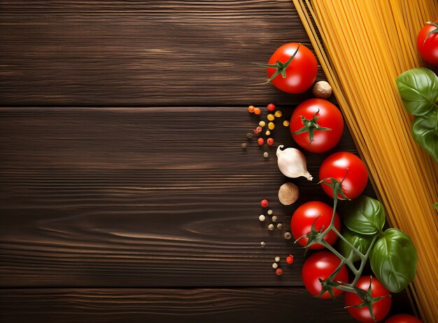 Top view raw pasta and tomatoes