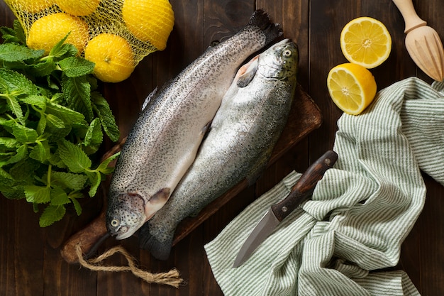 Top view raw trout still life