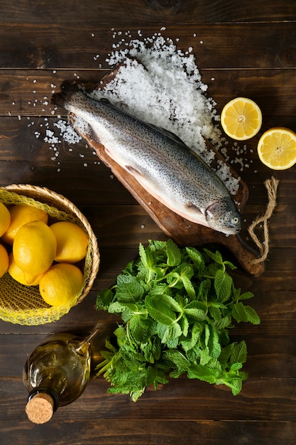 Top view raw trout still life