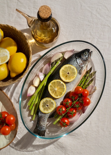 Top view raw trout still life