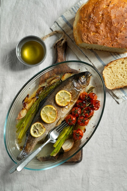 Top view raw trout still life