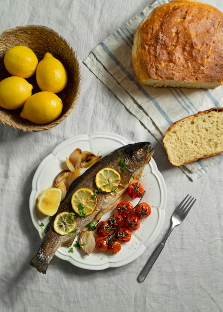 Free Photo top view raw trout still life