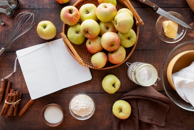 Top view on recipe book still life concept