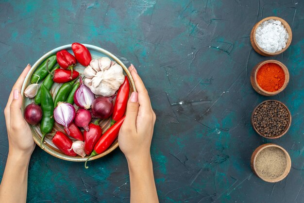 Top view red peppers with onions garlics along with seasonings on the dark background food meal vegetable salad ingredient