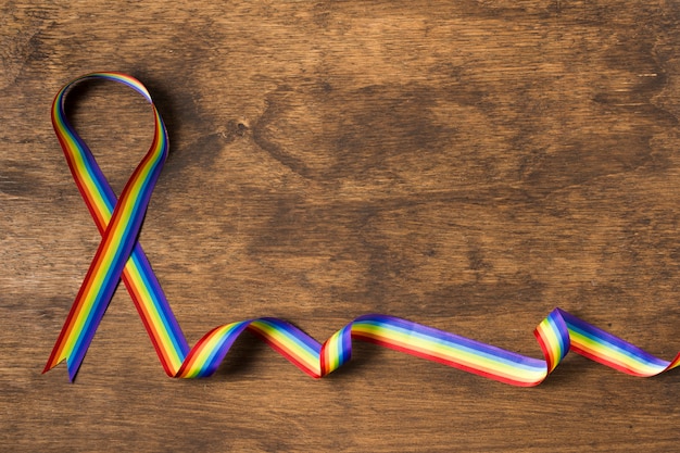 Top view ribbon in rainbow colors with copy space