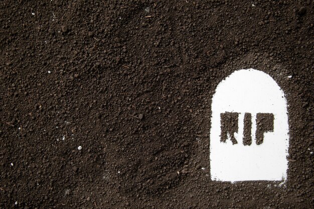 Top view of rip inscription on grave shape with dark soil