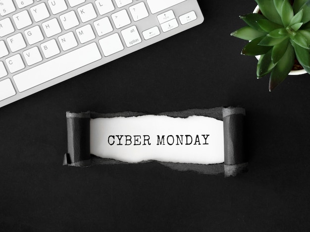 Free photo top view of ripped paper with plant and keyboard for cyber monday