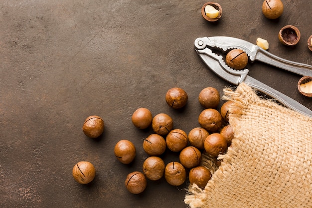 Top view roasted hazelnuts with bag