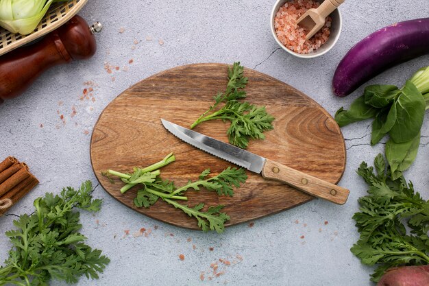 Top view rucola on cutting board