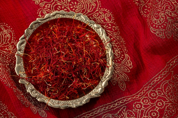 Top view saffron still life arrangement with copy space