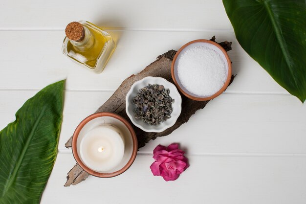 Top view salt and candle arrangement 