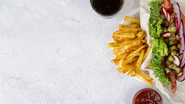 Top view sandwich with french fries