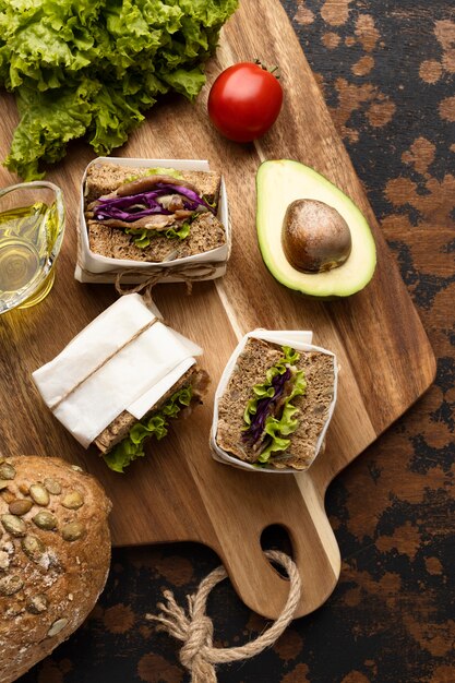 Top view of sandwiches with avocado and tomato