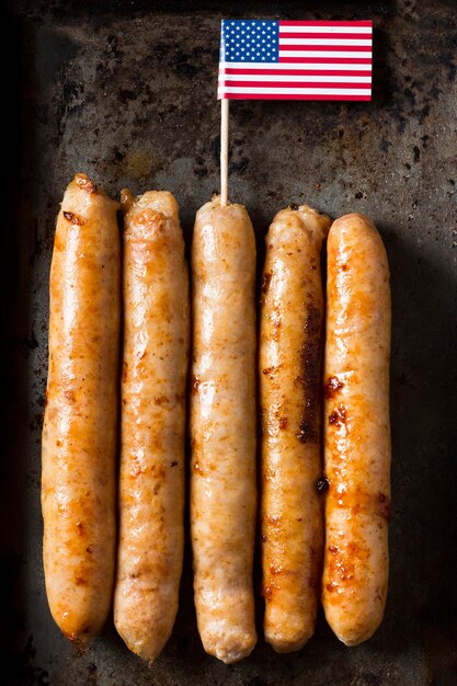 Top view sausages with american flag