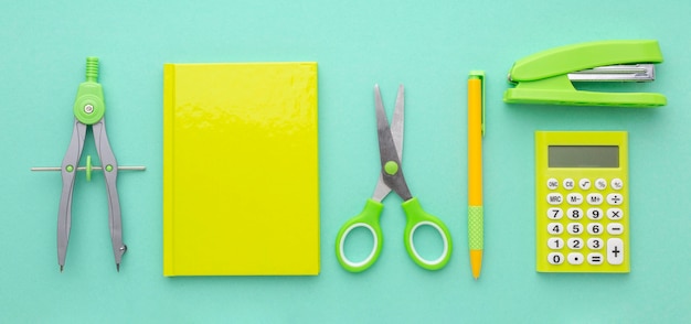 Top view school supplies arrangement