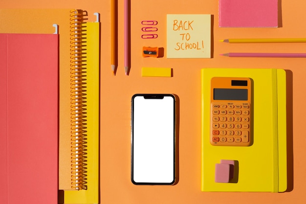 Top view school supplies on the table assortment