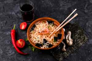 Free photo top view seafood noodle soup