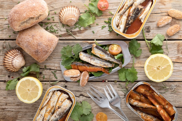 Free photo top view of seafood with lemon and oysters