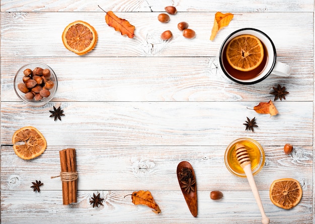 Top view of seasonal tea arrangement