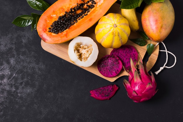 Top view selection of exotic fruits on the table