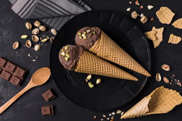 Top view set of ice cream cones with chocolate