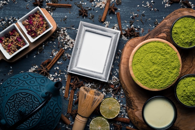 Free photo top view set of matcha tea with mock-up