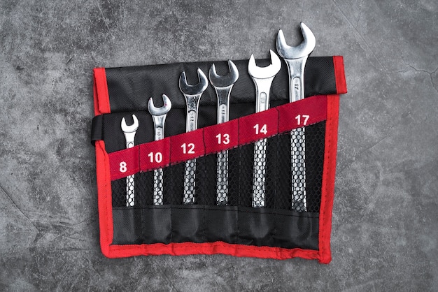 Top view set of metal wrenches