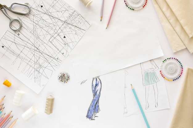 Free photo top view of sewing essentials with textiles and drawing