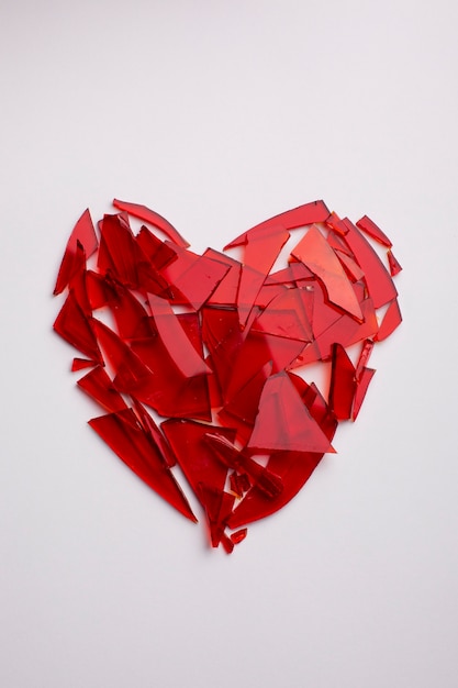 Top view shattered red glass heart