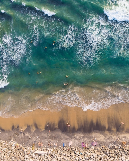 Top view shot of people swimming and sitting in Varkala Beach