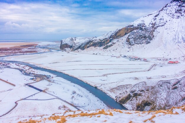 Top view  of Skogafoss waterfall at the south coast of Iceland .