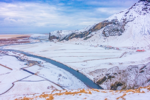 Top view  of Skogafoss waterfall at the south coast of Iceland .