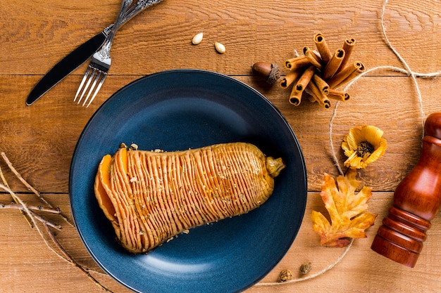 Free Photo top view sliced baked squash on plate