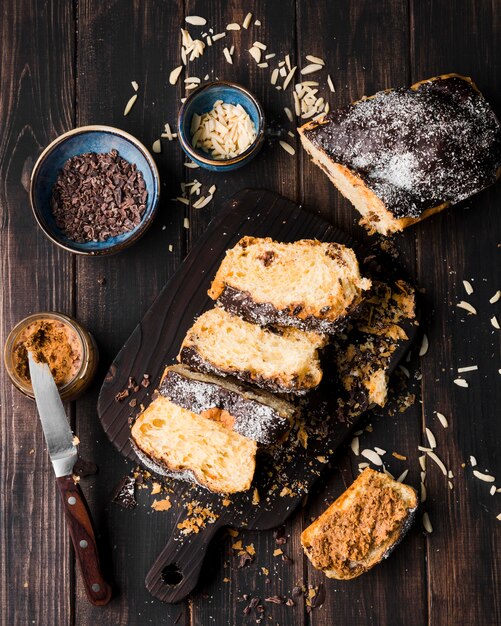 Top view slices of banana bread on the table