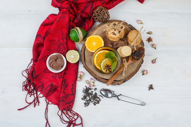 Top view of snacks with herbal tea